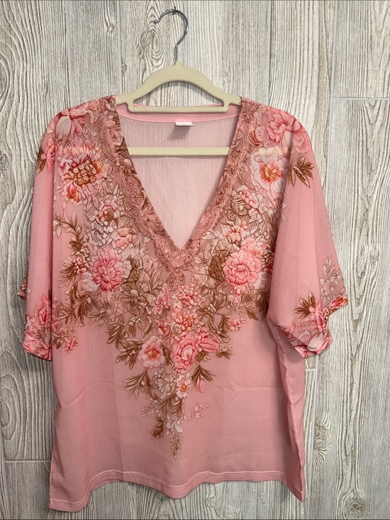 None Tops - Women's Pink Floral V-Neck Blouse with Embroidered Detail